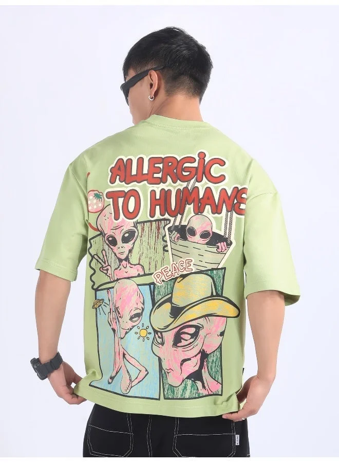 Beyoung Pista Green Allergic To Human Puff Printed Oversized T-Shirt
